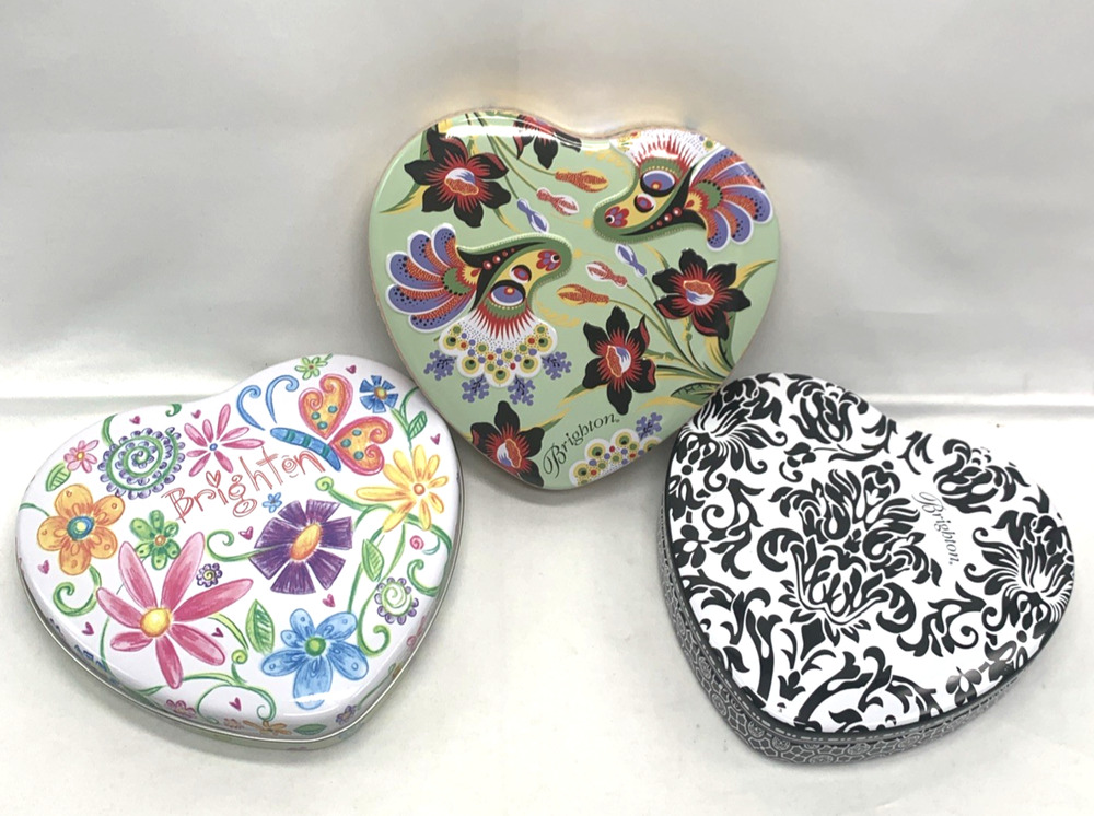 3 Brighton Tin Metal Case Box Heart Shape Empty Trinket Jewelry Floral Damask